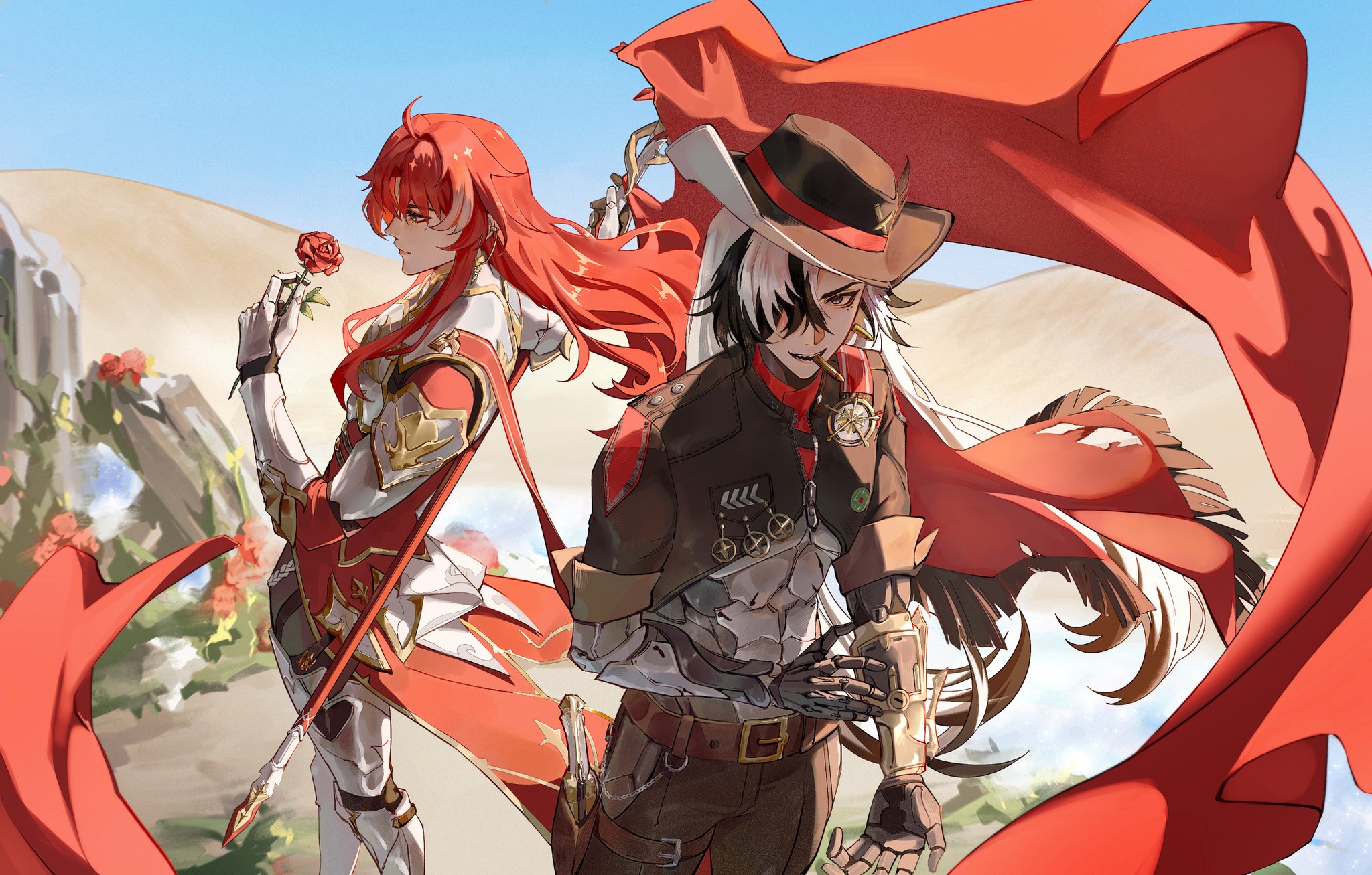 this is a digital illustration of two anime characters in a desert setting. the character on the left is female with long red hair, wearing red and white armor and holding a rose. she is standing with her sword in hand. the character on the right is male with black and white hair wearing a cowboy hat and a brown jacket with a silver arm. he is standing with his arms crossed and holding a gun. there are flowers behind them and a long red cape wrapped around the male character.