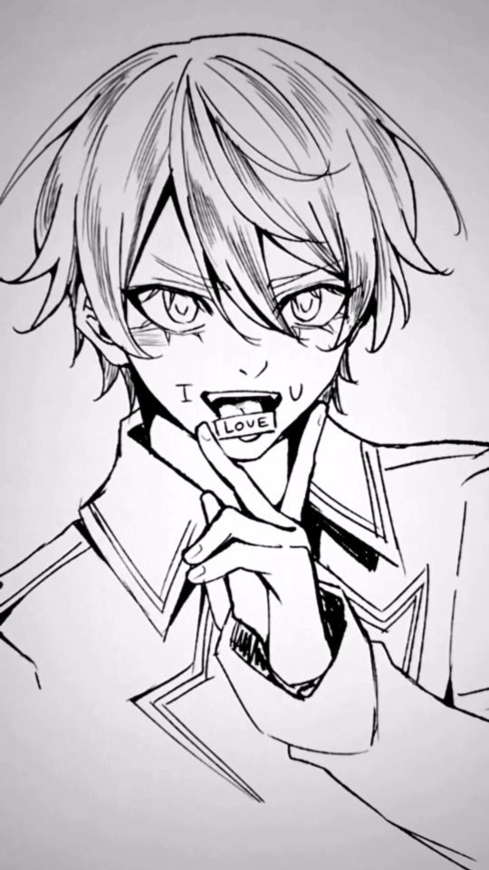 the image is a black and white drawing of an anime or mangastyle boy. he has short, slightly messy hair and large expressive eyes. his expression is coy and suggestive. he's holding up a peace sign with one hand, and has the words "i love u" written on his face with what appears to be small bandages. he's wearing a collared jacket or uniform. the art style is quite stylized, using bold lines and shading to convey emotion and texture. the overall mood is slightly mischievous and romantic.