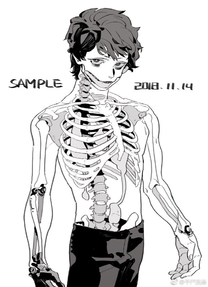 a black and white anime style drawing of a male character with visible skeletal structure. the character is standing with their arms out at their sides. their expression is serious and their hair is covering most of their forehead. the drawing is in a manga style. the drawing is labelled with the text "sample" and the date "2018.11.14". the artist's name is in the lower right corner of the image.