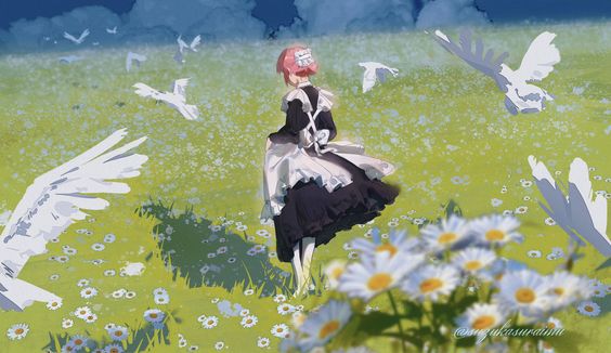 the image is a beautiful illustration of a young anime girl in a maid dress standing in a field of daisies. the sky is a soft blue with wispy white clouds. the girl is looking away from the viewer and is holding a white dove in her hand. the overall feel of the image is dreamy and magical, with a hint of melancholy.