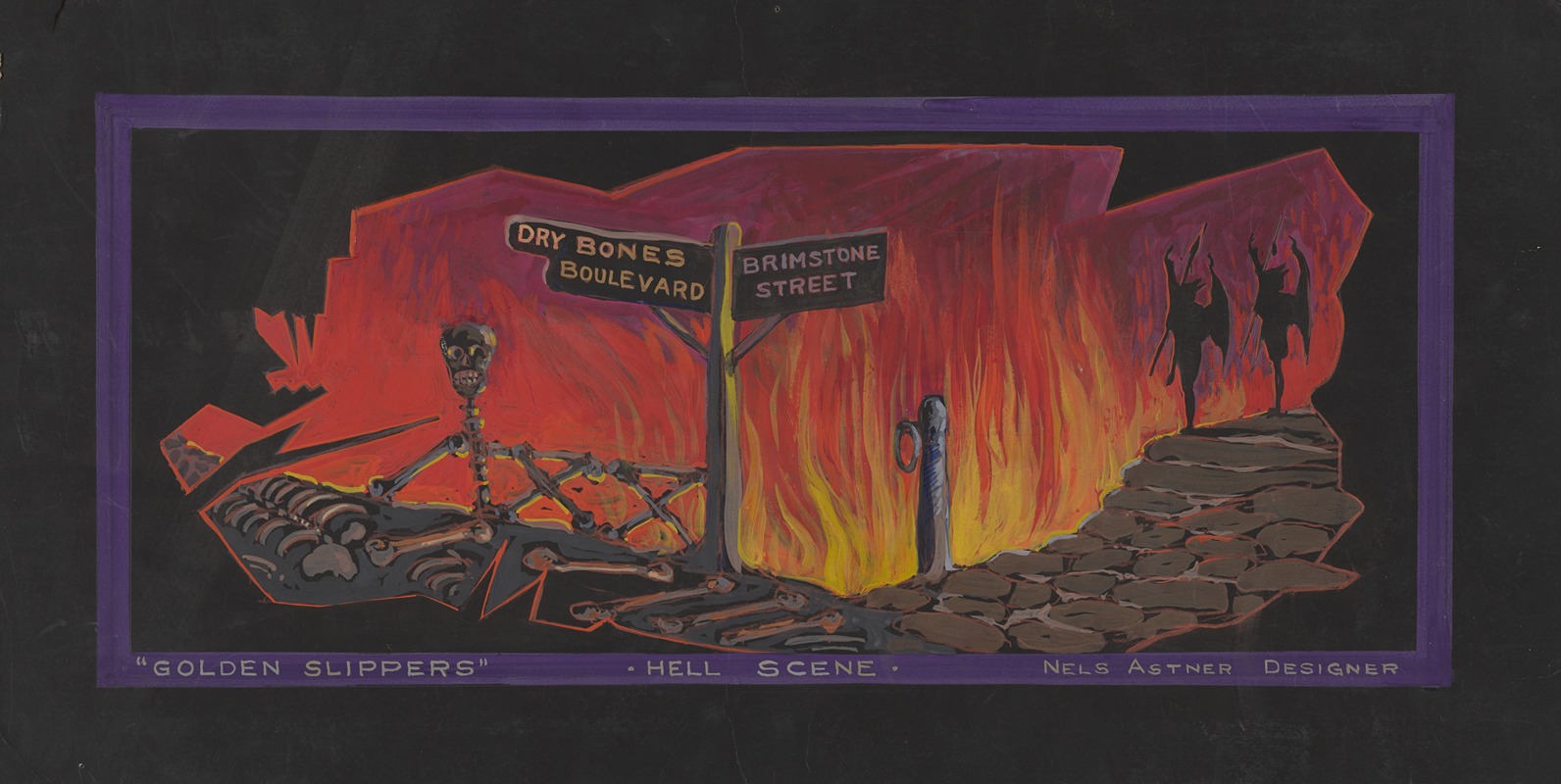 the image is a theatrical stage design illustration for a "hell scene" in a production of "golden slippers". it depicts a hellish landscape with flames in the background and a street sign pointing to "dry bones boulevard" and "brimstone street". a skeleton sits on a pile of bones in the foreground, while two devilish figures stand on a rocky outcrop in the right background. the illustration is framed by a purple border.
