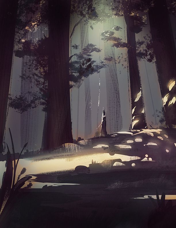 the image is a digital painting depicting a dark and mysterious forest scene. tall trees dominate the frame, casting long shadows across the ground. sunlight filters through the canopy, creating patches of light and illuminating a figure standing on a small rise in the distance. a trail or stream runs through the foreground, adding depth to the composition. the overall mood is one of solitude and intrigue.