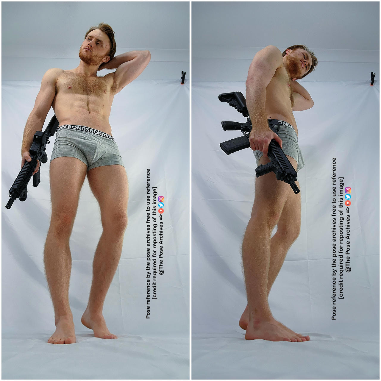 this is a reference photo of a man in his underwear holding a gun for artists. he is posed in front of a white backdrop in a photography studio.