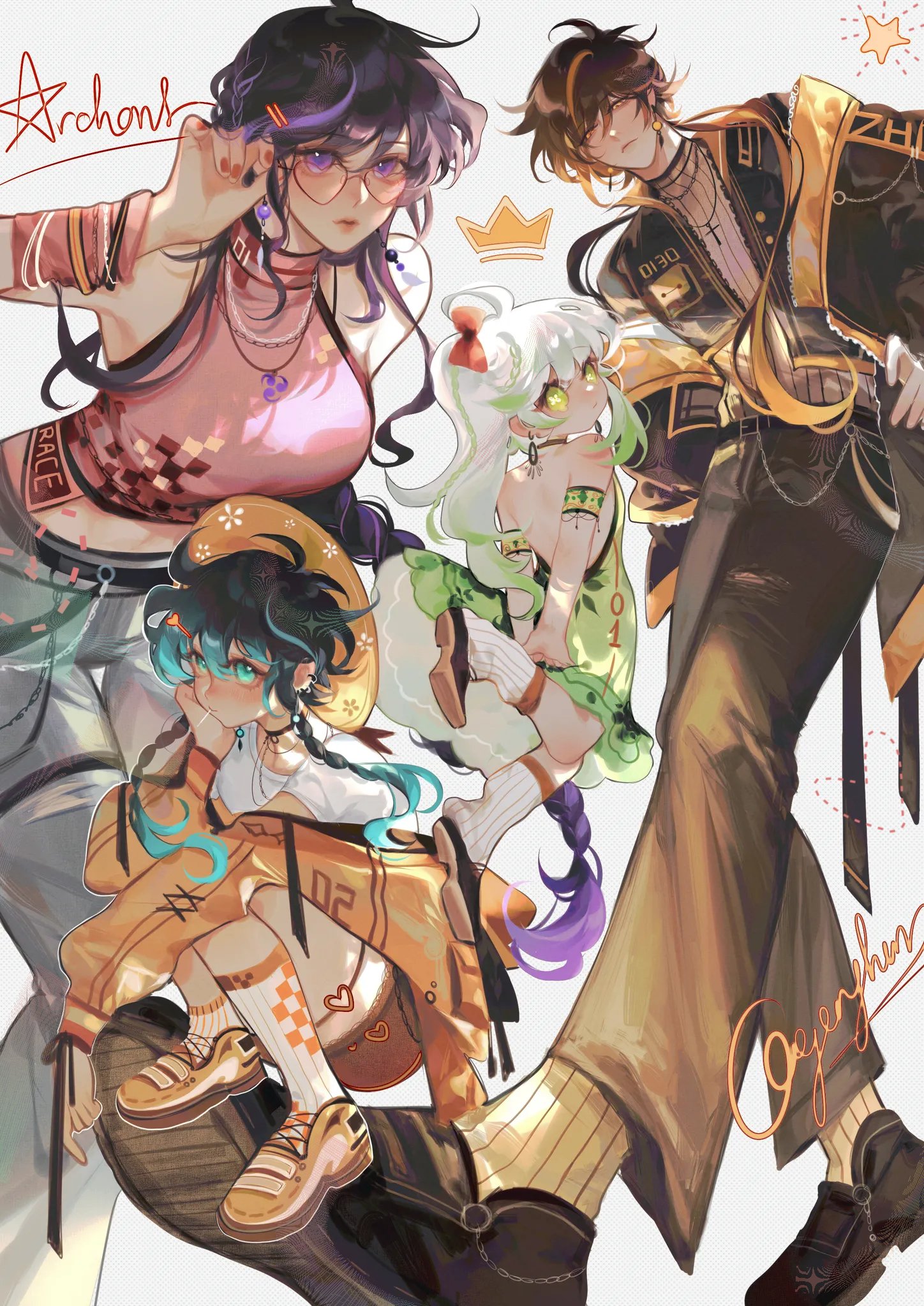 he image is a vibrant and stylish digital fanart depicting a group of four young women, possibly inspired by anime or manga.  each character has a unique and distinct personality reflected in their attire and pose. one character wears a pink and checkered outfit with sunglasses, another is in a more casual orange jacket, a third is dressed in a green fantasyinspired outfit, and the fourth is in a more formal gold and brown outfit. their clothes are modern with some fantasy elements. the art style is dynamic and energetic with bold colors and expressive lines, suggesting a lively and friendly interaction among the characters. the background is simple and unobtrusive, allowing the characters to take center stage. the overall feel of the artwork is playful, fun, and fashionable. the presence of the word "archons" in the top left suggests a possible link to a game or other fictional world, but the specific reference is open to interpretation.