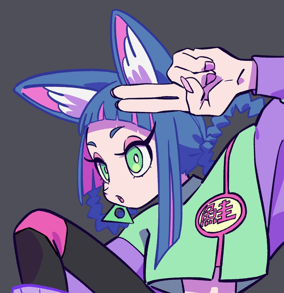 his is a digital drawing of a girl with blue hair and cat ears. she has large green eyes and wears a green and purple jacket with a japanese character on it. the art style is playful and colorful, reminiscent of anime and character design. the background is a solid color, and the lighting is flat, typical of a digital illustration. the perspective is a closeup shot, focusing on the upper body of the girl.