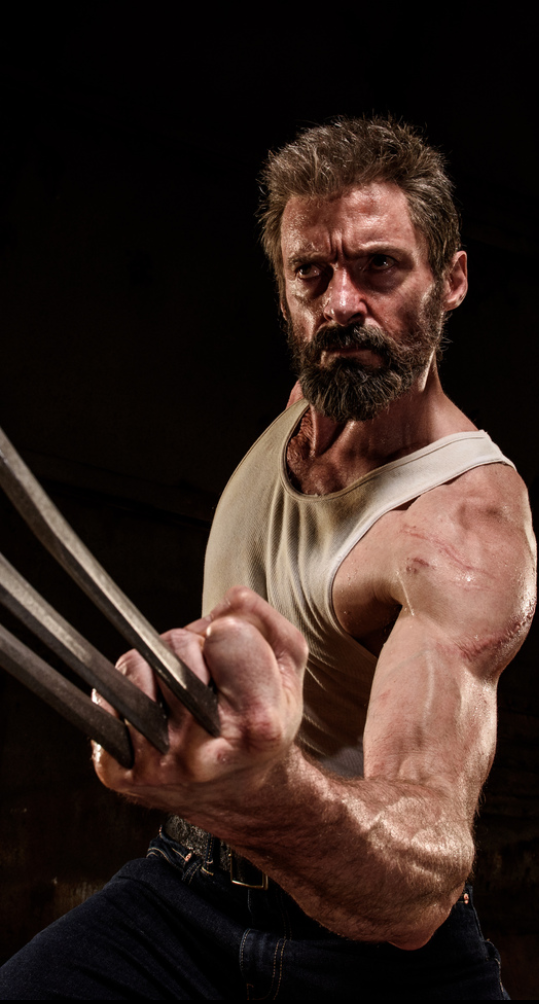 a portrait of hugh jackman as wolverine, in a white tank top and jeans, with his claws extended. he has a fierce expression and his muscular physique is visible, with scars on his arm. the lighting is dramatic, highlighting his face and body. the background is dark.