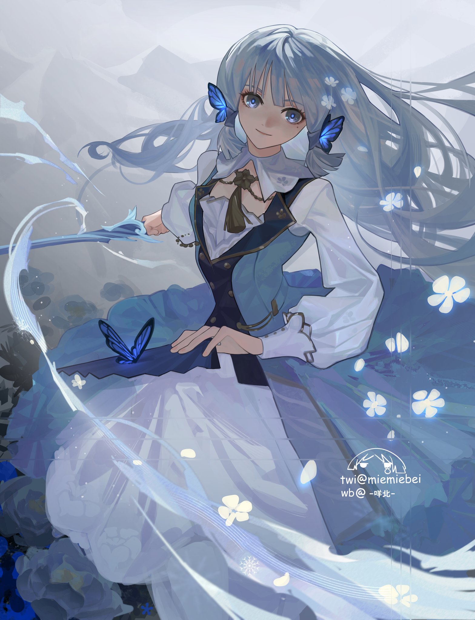 an anime girl with long blue hair and a white dress is standing in front of a light blue and white background. she has a light blue ribbon in her hair and butterflies on her shoulders. her dress is flowing in the wind. the background is filled with flowers and light blue lines. the overall image is very elegant and beautiful.