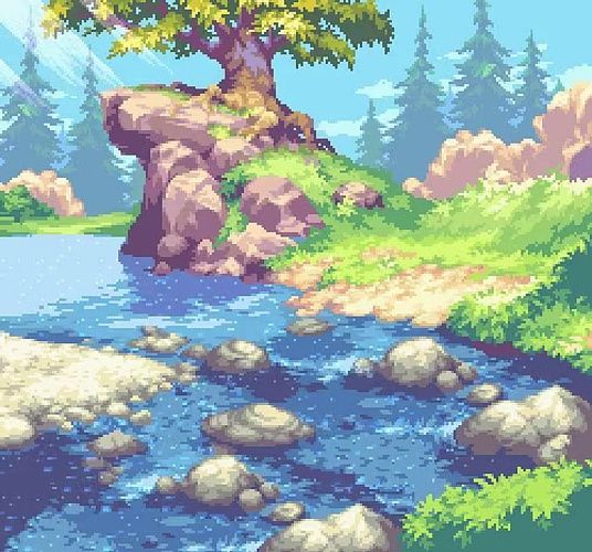 the pixel art image depicts a serene landscape. a clear, blue river winds its way through the scene, dotted with pale rocks.  a rocky outcrop on the left bank is crowned by a large, lush green tree, partially obscuring the sun. sunlight filters through the leaves, casting dappled light on the ground. to the right, the bank gently slopes upwards towards a background of evergreens. the overall impression is one of tranquility and peace.