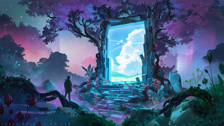 a fantasy landscape features a large stone portal framed by trees with purple leaves. the portal opens to a bright sky filled with fluffy white clouds and a glimpse of a green field. stone steps lead up to the portal, surrounded by lush vegetation, including flowers and bushes. a person stands in the foreground, gazing towards the portal. the overall atmosphere is dreamlike and magical.