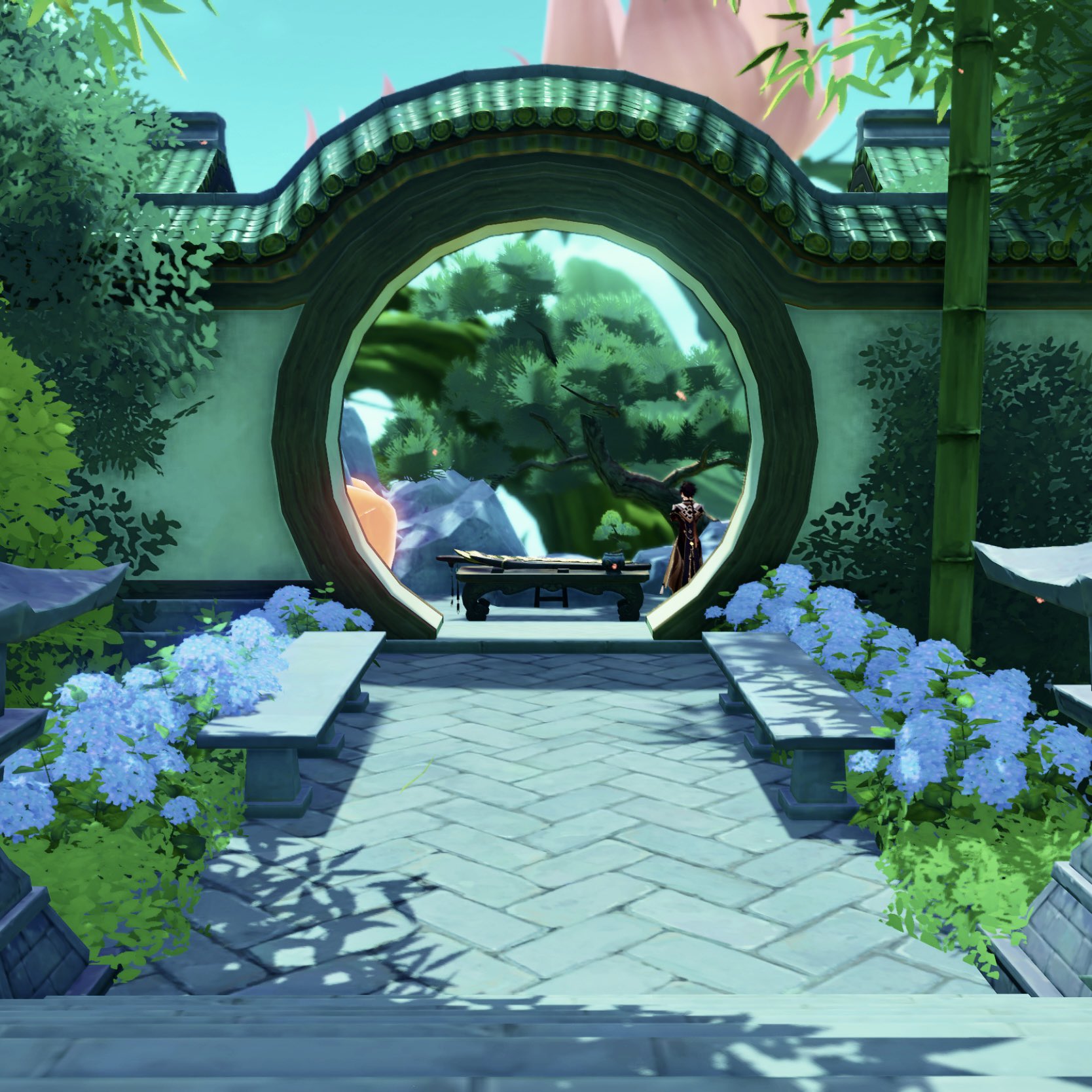 a serene screenshot from the video game genshin impact. the image depicts a meticulously designed chinesestyle garden with a prominent circular gate that frames a view of a tranquil inner garden.  blue hydrangeas line stone benches flanking a paved pathway that leads towards the gate. a lone character stands near a table in the background, beyond the gate. the overall ambiance is peaceful and tranquil, filled with lush greenery and soft sunlight.  the architecture is detailed and evocative of traditional chinese styles.
