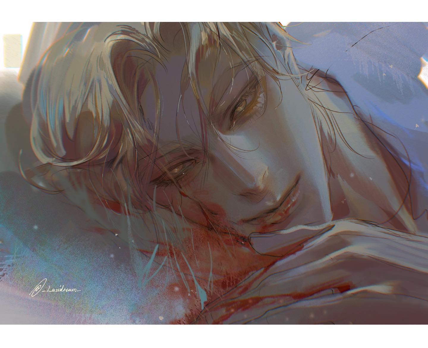 the image is a closeup portrait of a young man with blond hair. he is lying down with his eyes closed, his hand resting on his chin.  he has a gentle, melancholy expression on his face. the image is rendered in a soft, dreamy style, with muted colors and a focus on light and shadow. the image evokes feelings of sadness, loneliness, and longing. the man appears to be lost in thought, perhaps reflecting on a past relationship or a lost love.