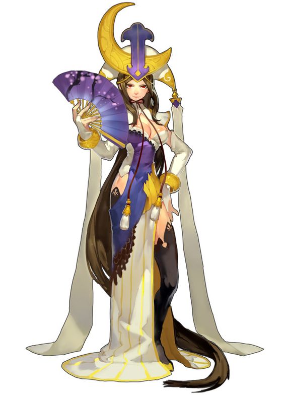 this is an illustration of a female anime character in a traditional japanese kimono, holding a folding fan. she has long brown hair and is wearing a hat with a crescent moon and tassel.