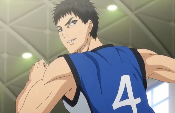 the image features an anime character, a young muscular male, with short black hair and a headband. he is wearing a blue basketball jersey with white trim and the number "4" on the front. the character is facing away from the viewer, with his right arm raised, looking determined and focused. the background is a blurred indoor basketball court with yellow lighting. the image suggests the character is a passionate basketball player.