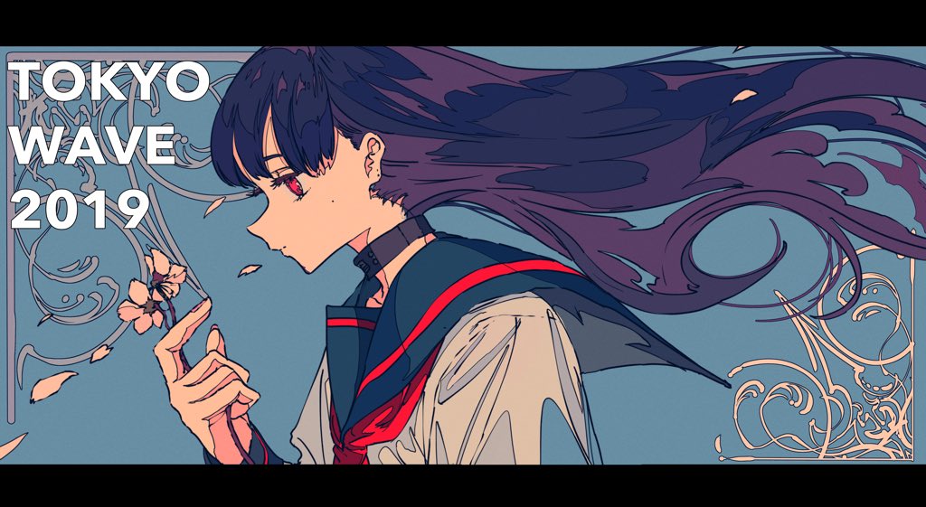 the image is a digital illustration featuring a stylized anime girl with long, flowing purple hair. she's wearing a sailorstyle school uniform with red and navy accents.  her eyes are a striking red.  she holds a delicate pink flower, possibly a cherry blossom, as petals fall around her. the art style blends anime aesthetics with art nouveauinspired flourishes in the background, creating an elegant and slightly melancholic mood. the text "tokyo wave 2019" is prominently displayed in a stylized font, suggesting it may be artwork from or related to that year or event. the overall color palette is muted and cooltoned, with the purple hair and red eyes providing contrasting pops of color. the girl's hair moves dynamically, suggesting a gentle breeze or wind.
