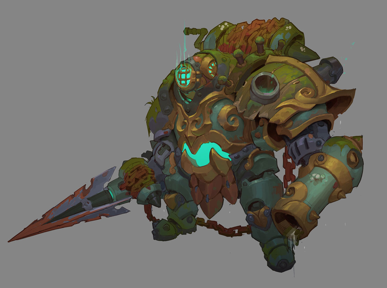 the image is a digital painting of a fantasy steampunk robot or mecha character.  the character design is heavily detailed, depicting a bulky, somewhat damaged robot with a mix of gold, green, and rusty textures suggesting age and wear.  its armor is ornate, with a blend of mechanical and biological elements, showing signs of weathering and possibly overgrowth. the robot is wielding a large, rusty spear. a chain connects parts of the robot's body. the overall style leans towards a stylized fantasy, potentially for a video game or similar media. the color palette uses muted greens and golds, contrasted by a glowing cyan element on the robot's chest. the background is a simple, neutral gray, focusing all attention on the intricate details of the character.