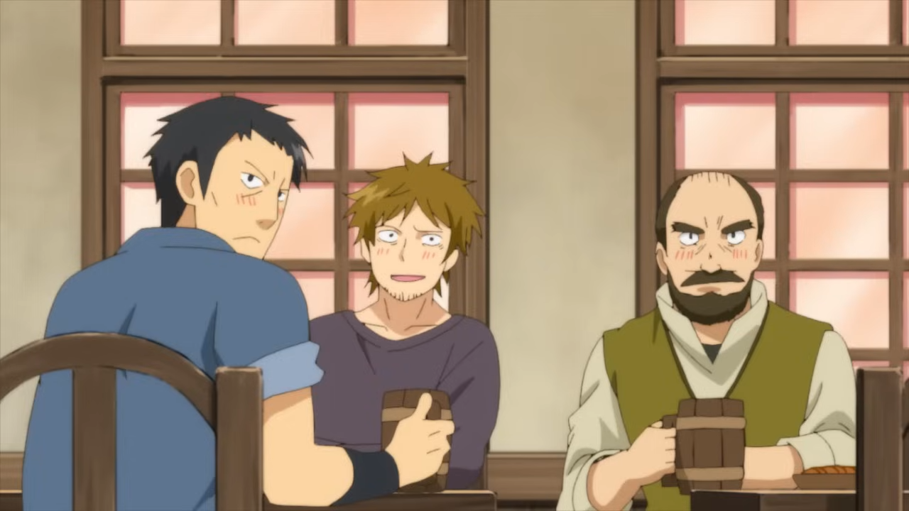 three men with flushed cheeks sit at a table in a tavern. the youngest, in the center, looks uncomfortable as the older two stare at him. the man on the left wears a blue shirt and the man on the right wears a green vest over a white shirt.  they are each holding a wooden beer mug. behind them are windows with white panes.