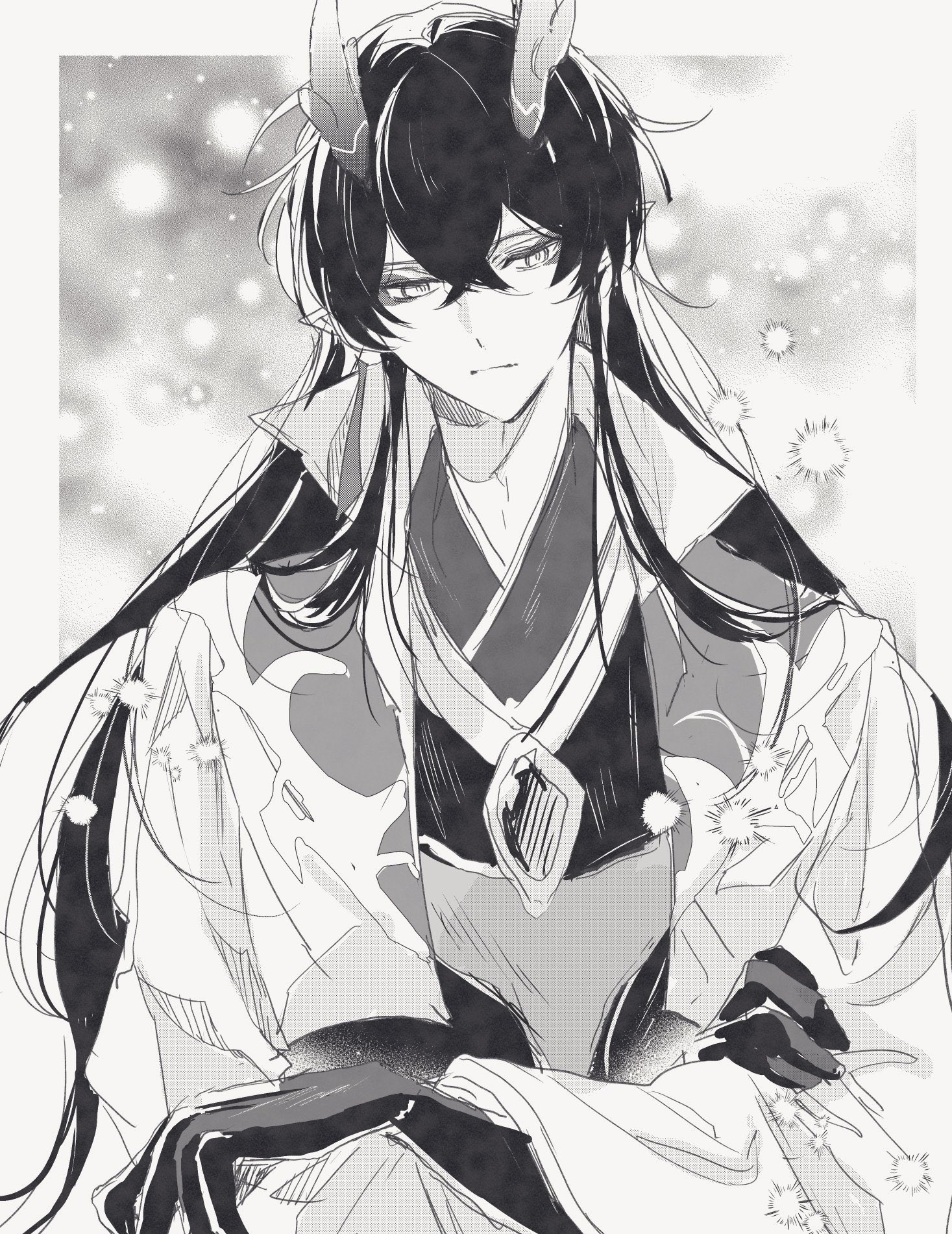 a black and white illustration of a male anime character with horns and long black hair wearing a kimono. he has dark eyes and a serious expression.  the background is a soft, grainy texture.