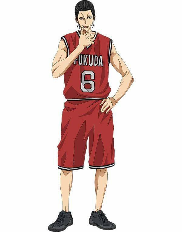an anime character in a red basketball jersey and shorts is smiling confidently and standing with one hand on his chin. he is wearing black shoes and has black hair. he is looking at the viewer.