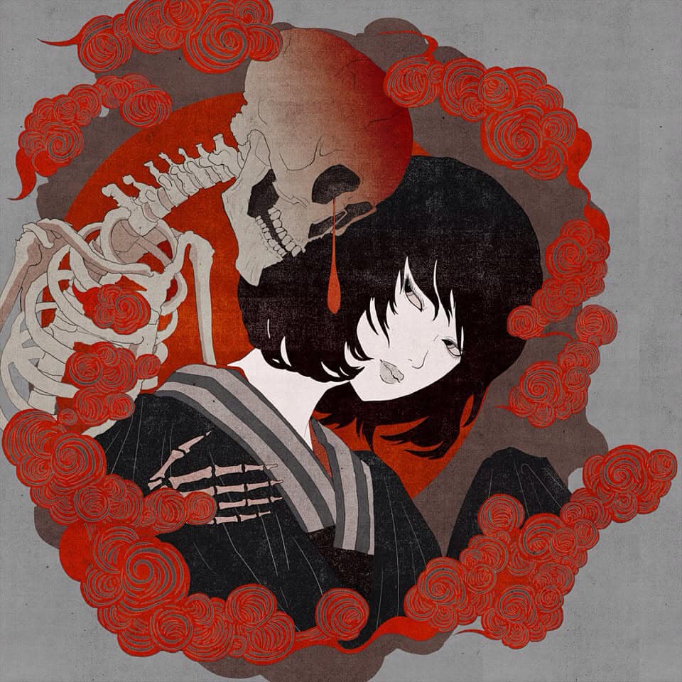 he image is a digital painting or illustration in a style reminiscent of japanese ukiyoe woodblock prints.  it depicts a young woman with dark hair in traditional japanese clothing embraced by a skeleton. the skeleton’s skull is partially obscured, revealing a teardrop of blood.  the background features swirling red roselike shapes reminiscent of clouds or smoke. the overall color palette is dark, dominated by reds, blacks, and grays, creating a somber and slightly macabre atmosphere. the style is highly stylized and detailed.