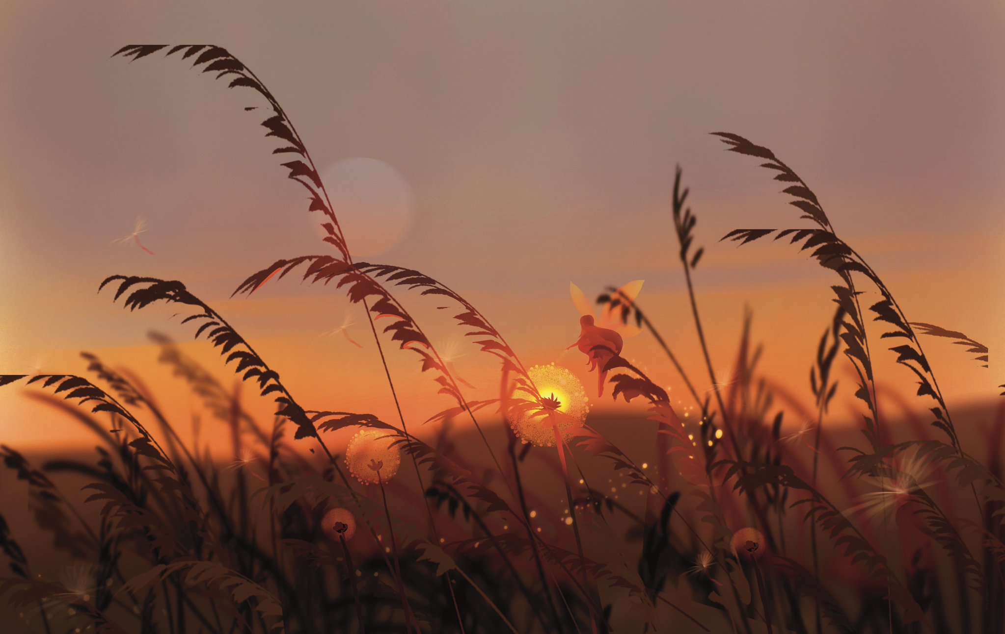 a picturesque sunset scene unfolds across a field of tall grass, silhouetted against the warm hues of the twilight sky.  a delicate fairy, with shimmering wings, perches atop a dandelion, its seeds scattered like stardust by a gentle breeze. the air shimmers with magical energy, creating an ethereal atmosphere as the last rays of sunlight paint the landscape in golden hues. the image evokes a sense of wonder, inviting viewers to imagine the magical possibilities that lie hidden within the natural world.