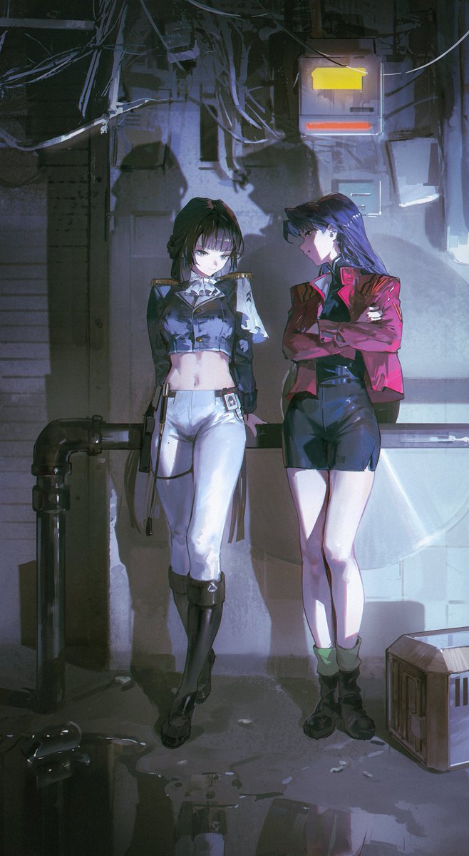 two animestyle women stand in a dark and gritty urban alleyway at night. one woman has long dark hair and is wearing a red jacket, black shorts, and green socks with black boots. the other woman has short, dark hair and is wearing a white and blue cropped military jacket, white pants, and black boots. the lighting suggests both artificial sources like neon signs, and moonlight illuminating from above. the mood of the image is both stylish and slightly melancholic.