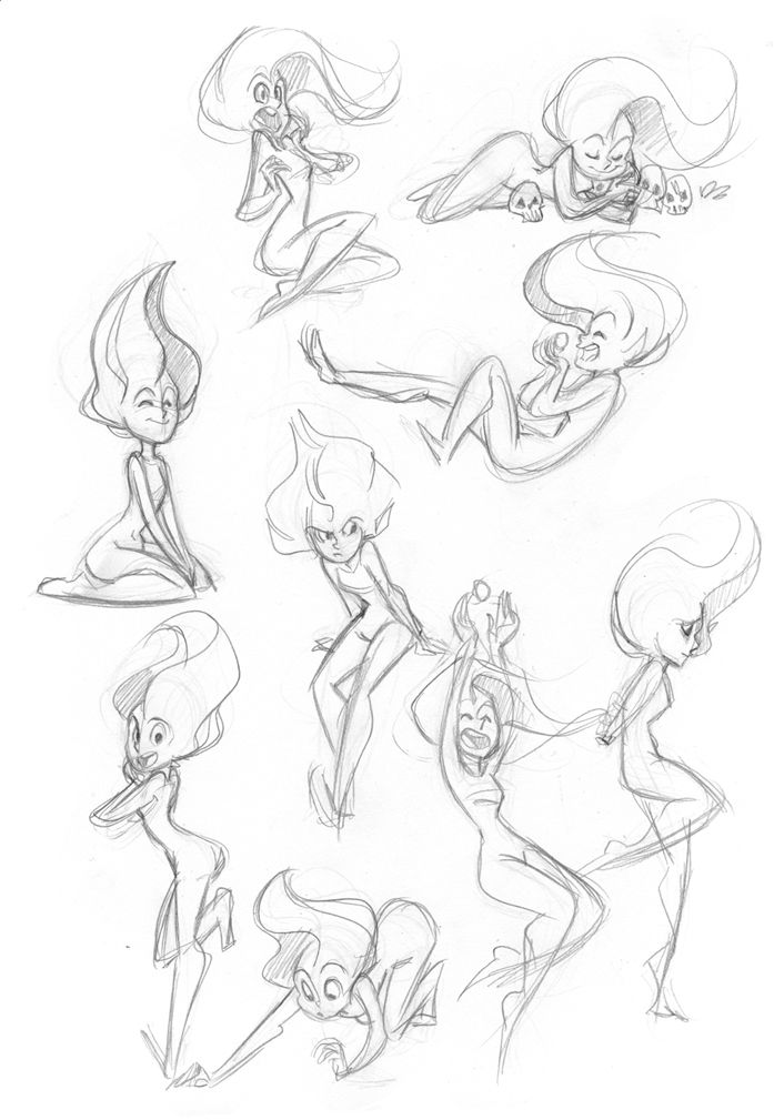 this image is a pencil sketch of nine different female characters, each in a unique pose.  the sketches are loose and dynamic, showing the characters in a variety of actionoriented positions.  the style of the characters is cartoonish and playful, with exaggerated features and movements.  the image is drawn on white paper with a light pencil.  the lines are loose and expressive, creating a sense of movement and energy.