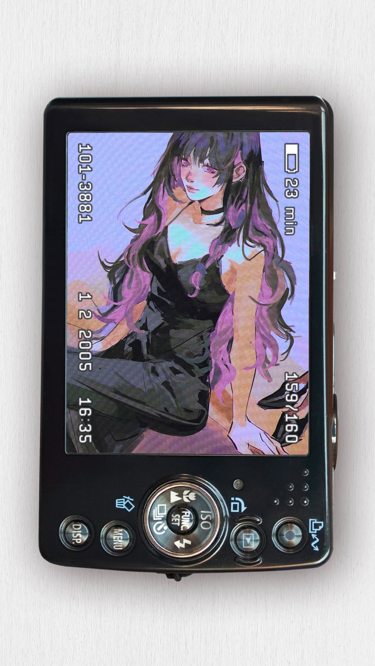 closeup shot of a digital camera displaying an image of a stylized anime girl with long purple hair, wearing a black dress. the camera is black and has several buttons visible. the image on the screen has a slightly grainy, vintage aesthetic. the camera's display shows date and time stamps.  the overall style is a blend of digital art and retro technology.
