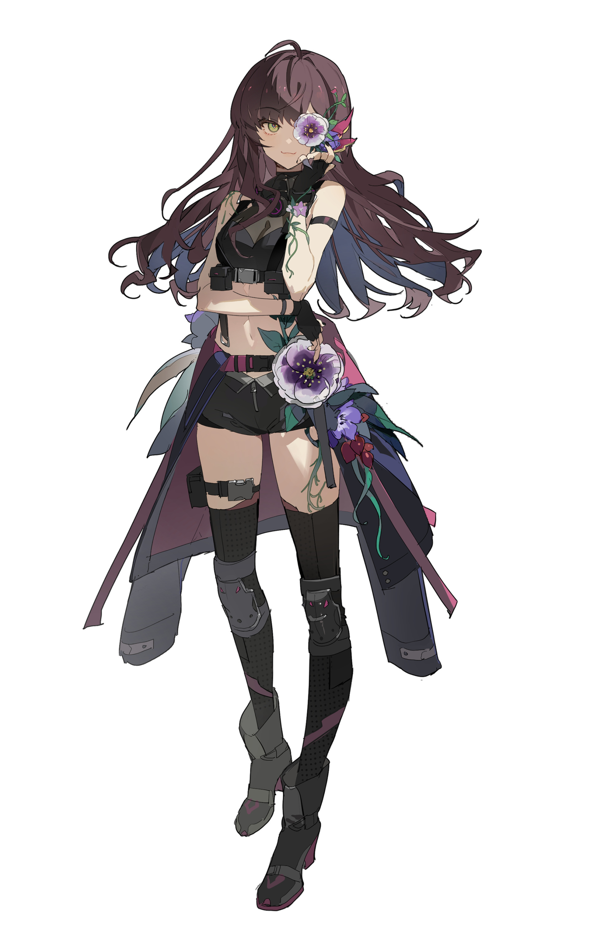 a fullbody image of a woman with long brown hair that has light blue accents at the tips, wearing tactical gear and thighhigh boots. she holds a purple flower to her face, and a matching flower adorns her side. the flowers appear to be peonies.