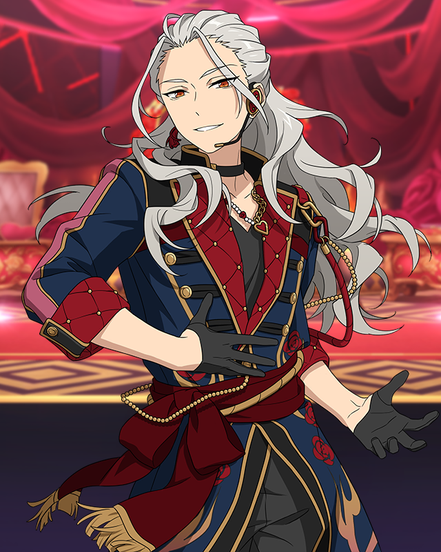 a full shot of a male anime character with grey hair and fair skin, identified as saegusa ibara from the ensemble stars franchise. he is dressed in a formal attire consisting of a red and blue jacket with gold buttons and rose patterns, a black choker, black gloves, and a necklace with a heart pendant. he is positioned on a stage, possibly performing, with a confident smile. the background features red curtains and stage lighting, indicating a theatrical or performance setting.