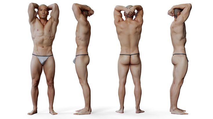 the image features a man, posed in four different views, showcasing his muscular physique. he is wearing a thong or gstring underwear, highlighting his toned body. the background is white, creating a clean and simple setting for the subject to stand out. the image emphasizes the man's body shape, making it suitable for fashion or fitnessrelated contexts.
