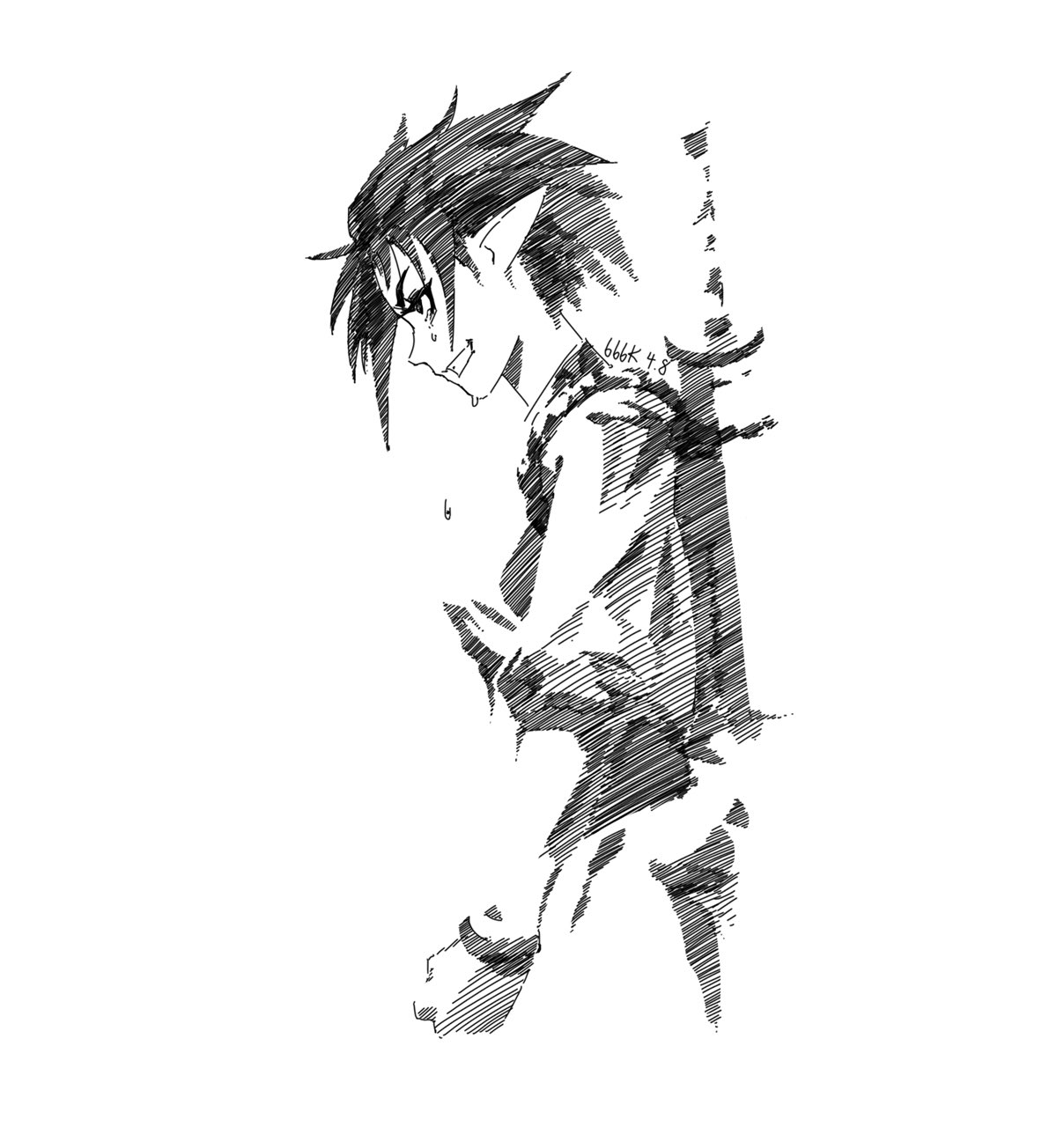 the image is a monochrome pen and ink drawing of an anime or mangastyle male character. he appears to be an elf, indicated by his pointed ears. the character is drawn in profile, facing to the right of the image, and is depicted with a sorrowful expression, crying tears. he appears to be holding or leaning against a sword which is partially visible behind him.  the style is expressive and uses hatching and crosshatching to create shading and texture. the overall mood is melancholic and emotional.