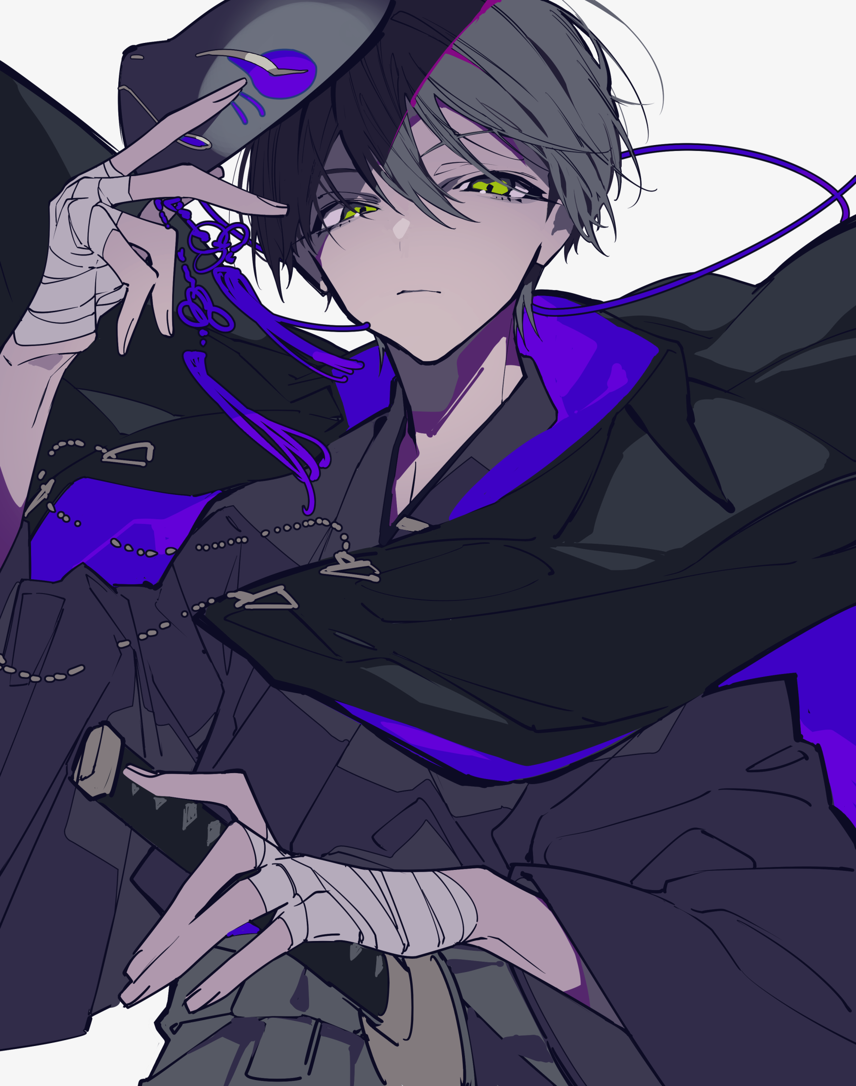 the image shows an anime boy with short, gray hair and green eyes. he's dressed in a black robe with purple accents, holding a katana with bandaged hands. he holds a mask decorated with purple markings in his left hand. the overall impression is serious and mysterious.