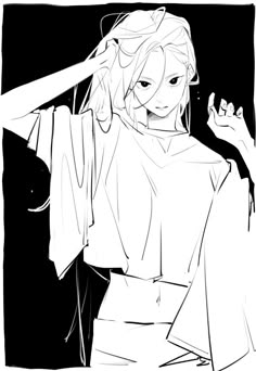this is a black and white anime style portrait of a young woman with long hair and a white shirt. she is smiling and her hand is raised in a playful gesture. the image is drawn in a clean and stylish manner, with great attention to detail. the woman's expression is both innocent and alluring.