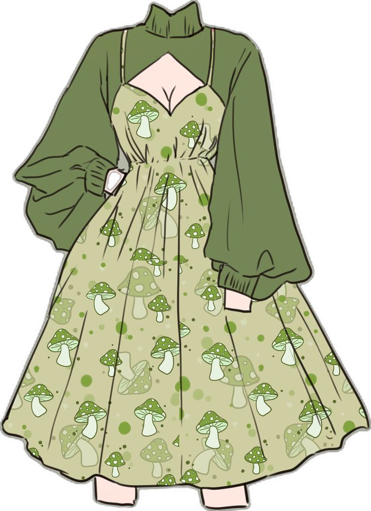 a fashion illustration depicting a green dress with a mushroom pattern, worn over a green turtleneck sweater. the dress features a sweetheart neckline and a flowing skirt. the sweater has long, puffy sleeves.