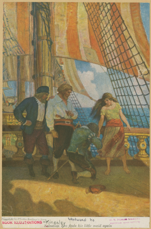 an illustration from the book "westward ho!" by charles kingsley, featuring a ship deck with a piratelike scene. there are four people: two men standing, one kneeling, and a woman. the setting includes masts, sails, and rigging, indicating a ship at sea.