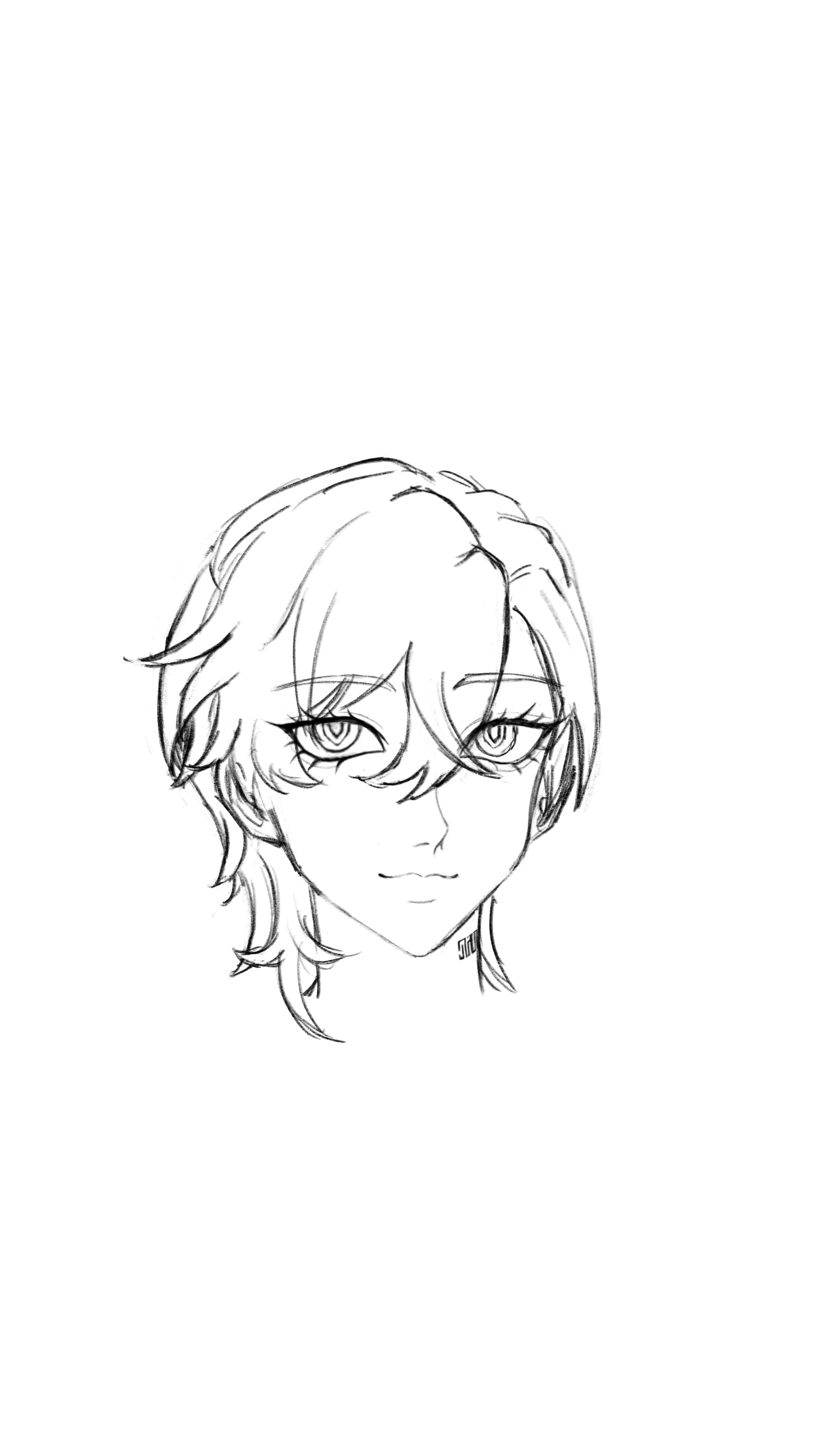 a blackandwhite sketch of a face of an androgynous character with short hair and large eyes.