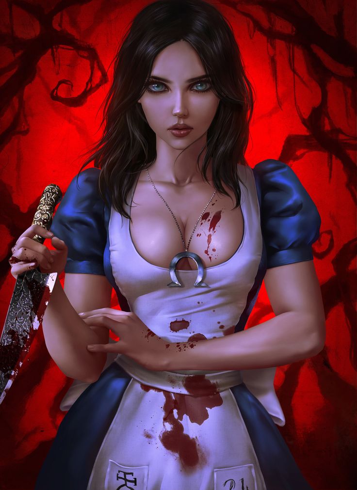 the image is a digital painting or illustration of a dark and gothic interpretation of alice from alice in wonderland.  she is depicted as a young, attractive woman with long dark hair, wearing a bloodstained blue dress and white apron. her expression is serious and intense. she is holding a bloody knife or dagger, and several blood spatters are visible on her dress and skin.  the background is a deep red with dark, shadowy treelike shapes, creating a sinister and ominous atmosphere.  a necklace featuring an omega symbol hangs around her neck.  the overall style is reminiscent of fantasy art, with a macabre and horrorthemed twist.