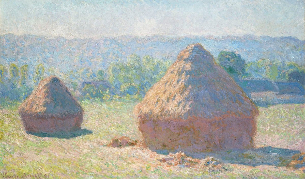 the image is a painting by claude monet, an impressionistic artwork featuring two haystacks in a field under a hazy sky. the haystacks are the focal point, with the larger one on the right and a smaller one on the left. the field is grassy, and there are trees and some buildings in the background. sunlight and shadows are visible throughout the scene. the painting is signed "claude monet 91" in the lower left corner.
