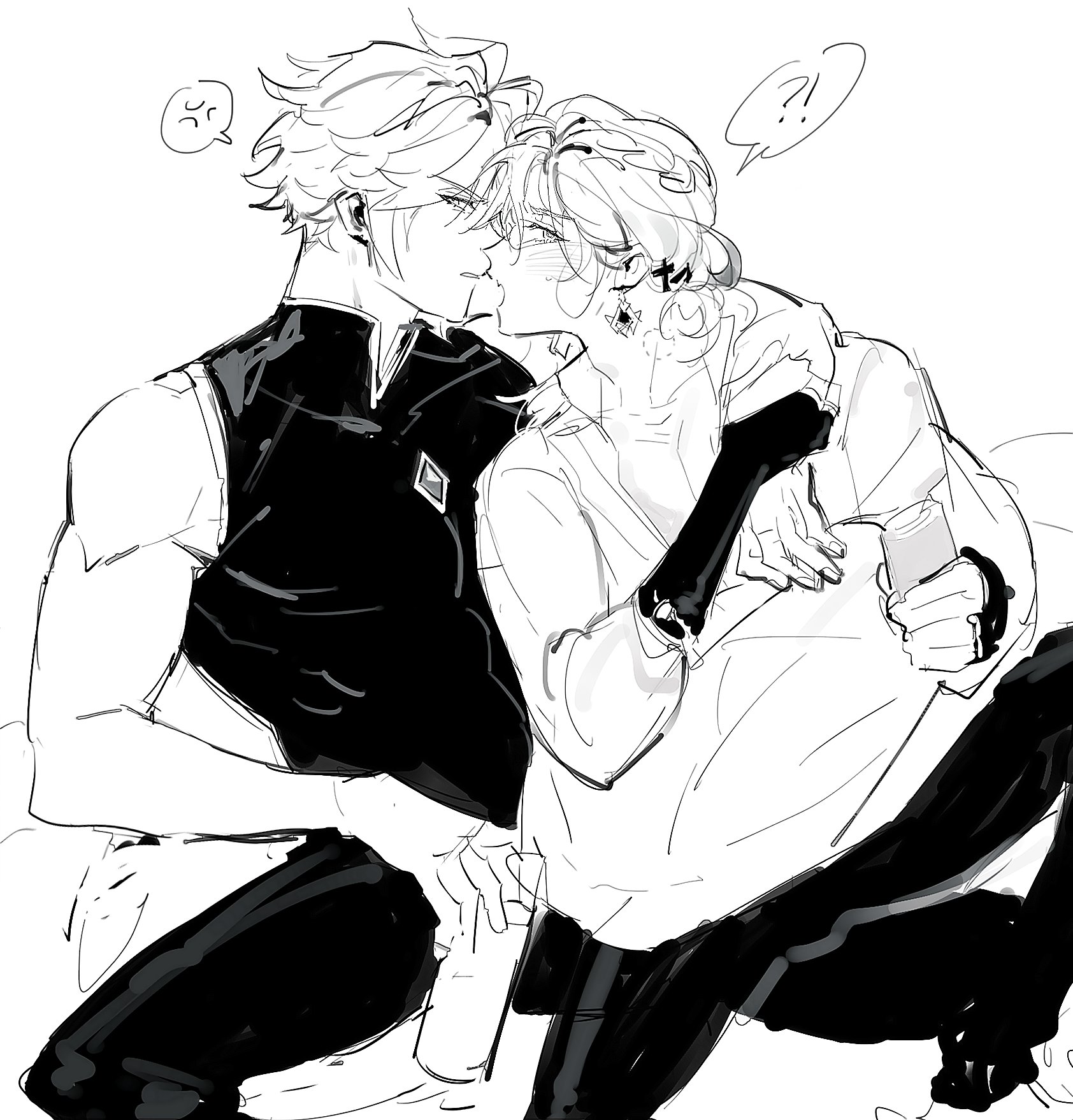 a black and white manga style drawing of two men, a couple, hugging and looking at each other affectionately. the one on the left, taller and more muscular, has short white hair and is wearing a black tank top and black pants. he is holding the other man, shorter and more slender, in his arms. the one on the right has long white hair and is wearing a white shirt and black pants. he is smiling and looking at the man on the left with adoration. the drawing is done in a simple but expressive style, with emphasis on the emotions of the characters. it is a sweet and romantic scene that suggests a strong and loving relationship between the two men.