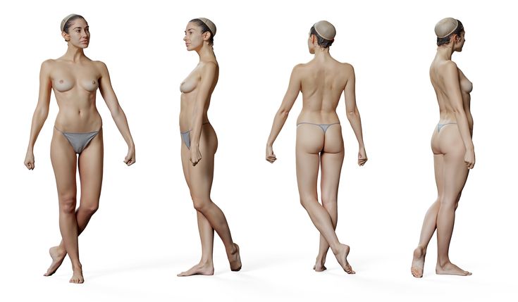 the image showcases a 3d model of a female body in four different poses against a clean white background.  the model is presented in a minimalist style, focusing on the details and realism of the human form.  the lighting is soft and even, highlighting the contours and textures of the skin.  each pose offers a unique perspective of the female physique, making it a valuable reference for artists and designers.