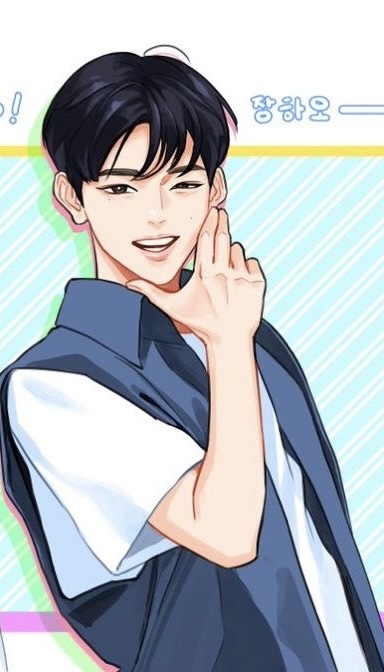 a digital drawing of a young man from the chest up, smiling and posing with his hand by his face. he has black hair and is wearing a white tshirt and a blue vest. the background is white with blue stripes and pink and blue gradients. the korean words "좋아요" are written in the top right corner.