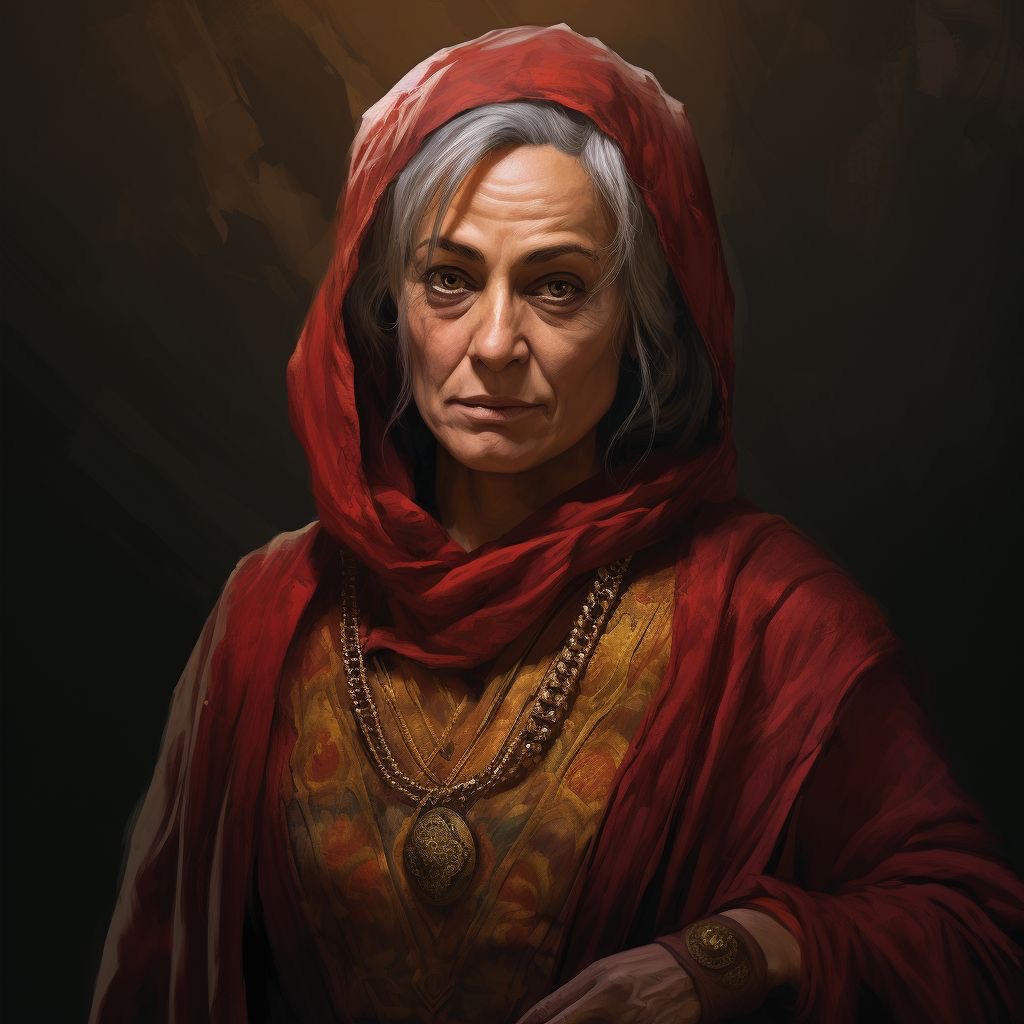 a portrait of an elderly woman with gray hair and wrinkles. she is wearing a red headscarf and golden jewelry. her expression is serious and she is looking directly at the camera. the background is dark.