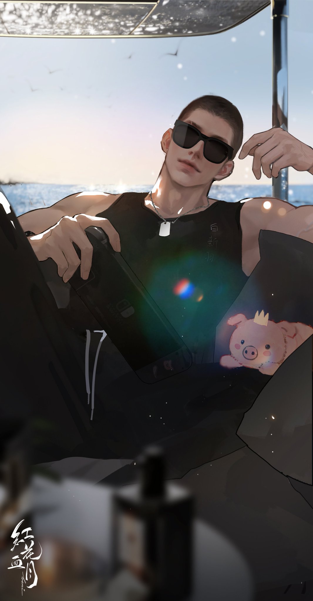 the image showcases a digital illustration of a young man relaxing on a boat. he's dressed in a black tank top and black pants, sporting stylish sunglasses. the man possesses short, dark hair and holds a plush toy resembling a pig wearing a crown. the setting appears to be daytime with clear skies and the sea serving as the backdrop. the overall composition and art style suggest it could be a character from a manhua (chinese comic or graphic novel).