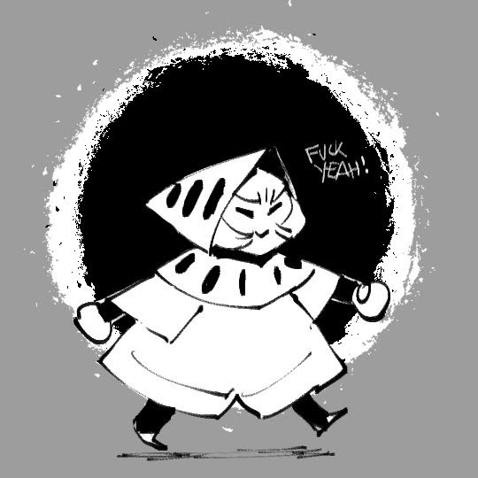 this is a black and white illustration of a cartoon character. it is a person with a hooded cloak walking with a clenched fist, with an angry expression. the person has a speech bubble above their head that says "fuck yeah!" the illustration is drawn in a sketchy style and has a punk/street art aesthetic.