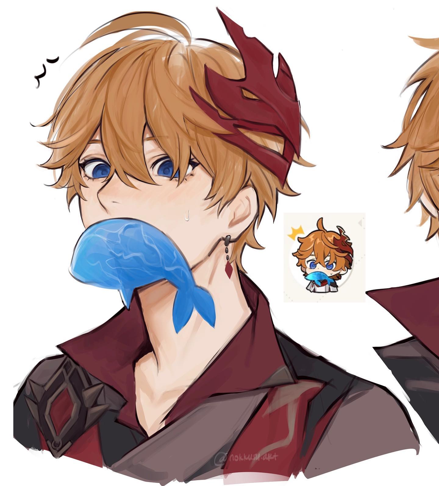 the image is a piece of fanart depicting thoma from the video game genshin impact. he's drawn in a slightly stylized anime/manga style with soft features.  thoma is shown with his signature blond hair and redtoned outfit,  and he's holding a small, cute blue whale or fish in his mouth.  a small chibi version of thoma with a similar blue fish is included in a box to the right of the main image. the overall style is cute and charming. the background is plain white, keeping the focus on the character.