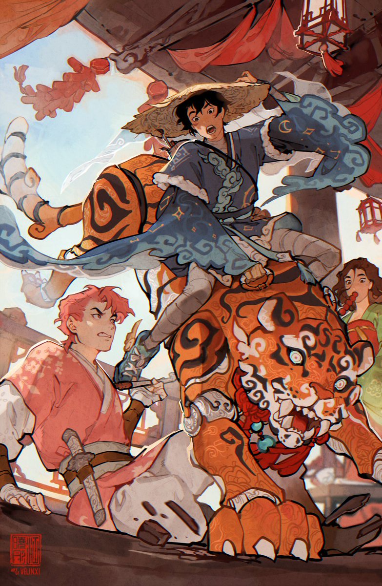 the image is a vibrant and dynamic illustration in an animeinspired style, featuring several characters in an actionpacked scene set in what appears to be ancient china. at the center, a young man wearing a straw hat and traditional blue and white clothing is riding on a large, orange tiger with intricate patterns. the tiger has a fierce expression, and the rider looks alarmed. to the left, another young man with red hair is holding a short sword and appears ready to fight. to the right, a young woman in green clothing is eating something and looks surprised. the background includes hanging red lanterns, koi fish decorations, and what looks like traditional chinese architecture. the overall style is detailed and colorful, suggesting a fantasy or historical setting.