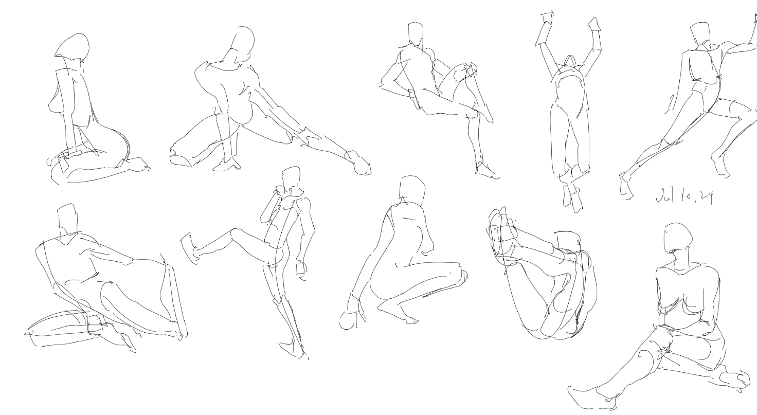 this is a collection of nine figure drawings, likely drawn from a live model in a timed setting. each figure shows a different pose, captured in a loose and expressive style.  the artist uses simple lines to depict the form and movement of the body.