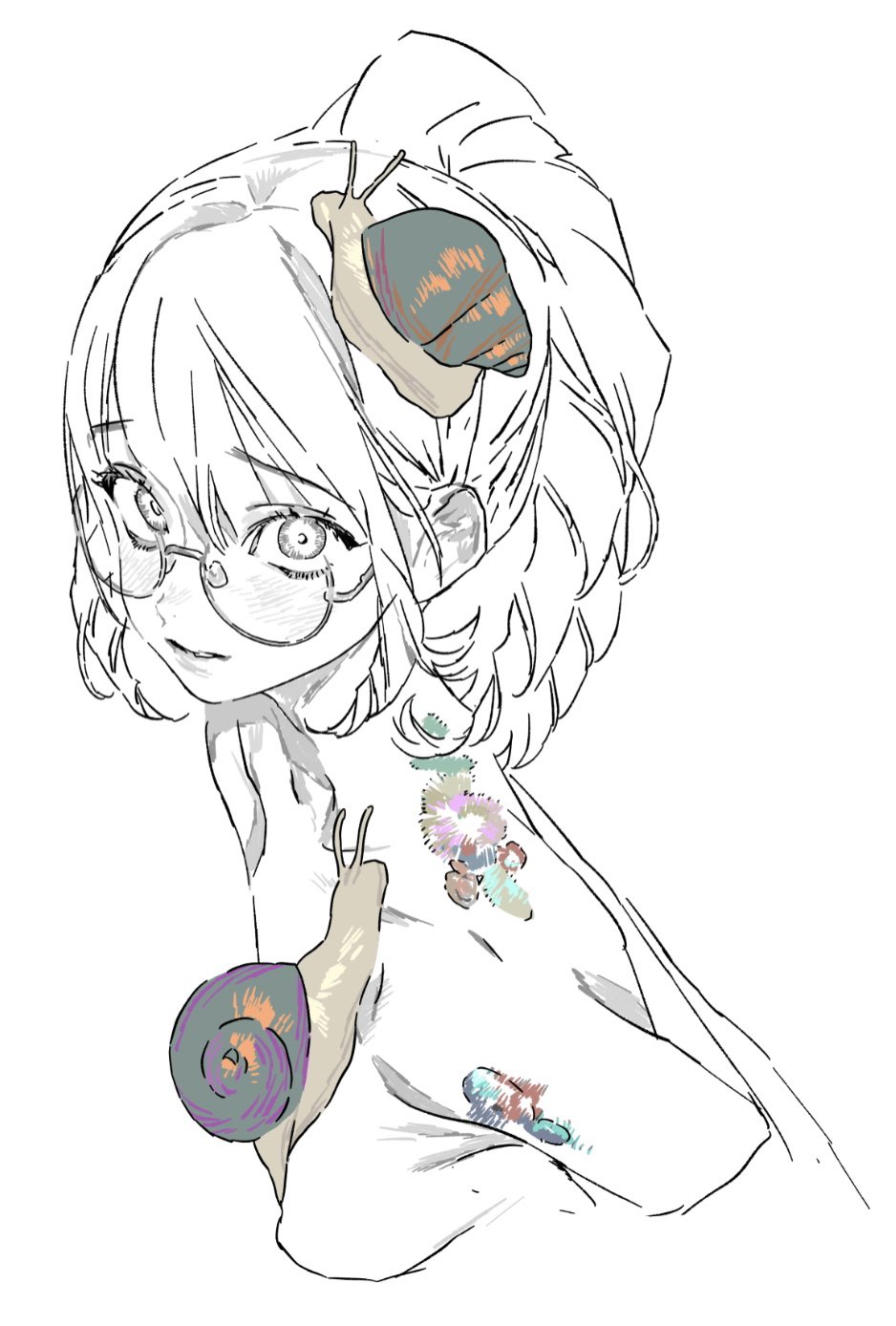 an anime girl with short hair and glasses, with two snails on her, one on her head and one on her shoulder. she also has floral tattoos on her shoulder and chest. the drawing is mostly in black and white, with colors on the snails and tattoos.