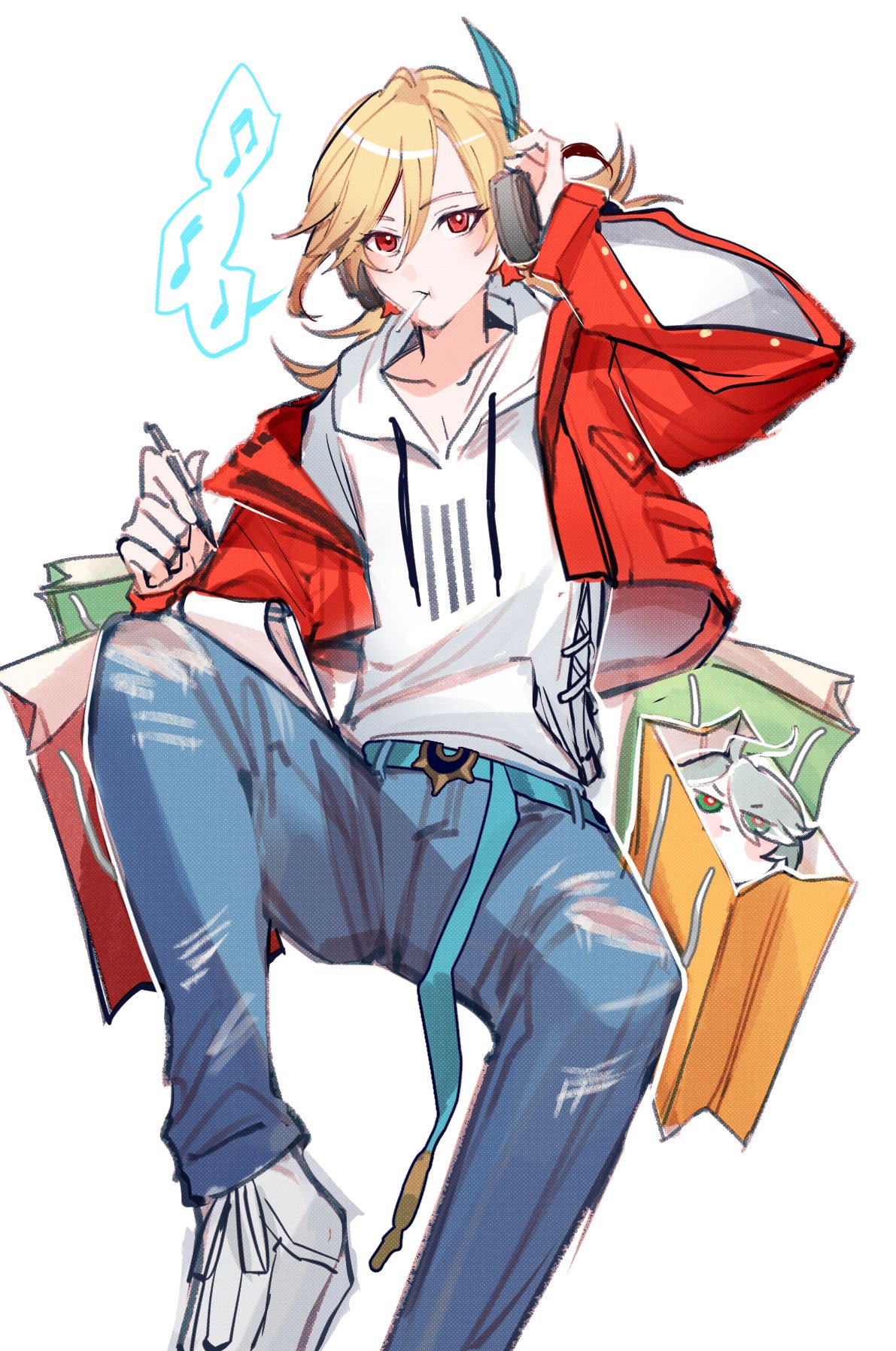 an anime girl with blonde hair and red eyes is wearing a red jacket, a white hoodie, jeans, and headphones. she is holding a pen and looks like she is listening to music. there are several paper bags behind her. she looks stylish and casual.