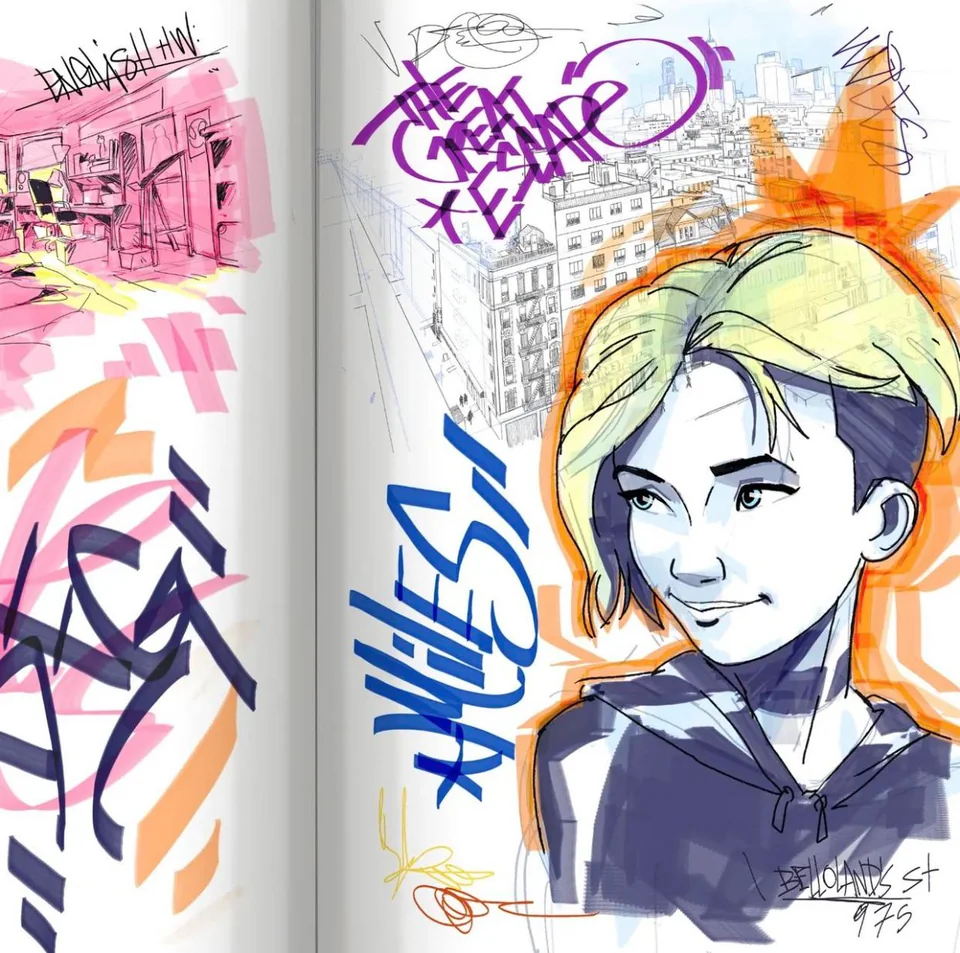 an open sketchbook with colorful illustrations. on the left page, a rough interior sketch. on the right, a detailed portrait of a young woman with short blonde hair overlaid on a cityscape scene, possibly new york city. graffiti elements and text add to the urban aesthetic.